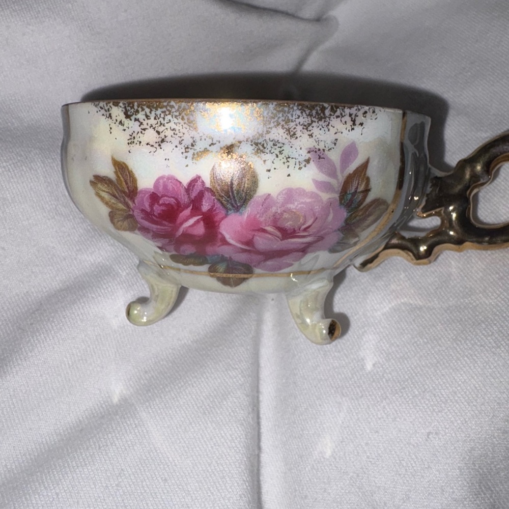 Elegant Floral Footed Teacup with Gold Handle